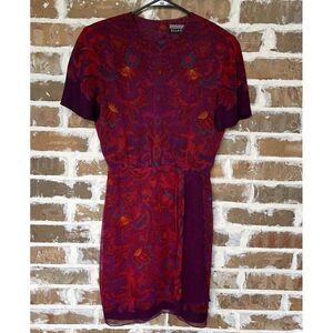 Ellen Tracy Vintage Silk Paisley Floral Print Cocktail Dress Purple Red‎ Size 4